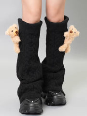 Black Wool Blend Cable Knit Leg Warmers with 3D Teddy Bear - TEVQA