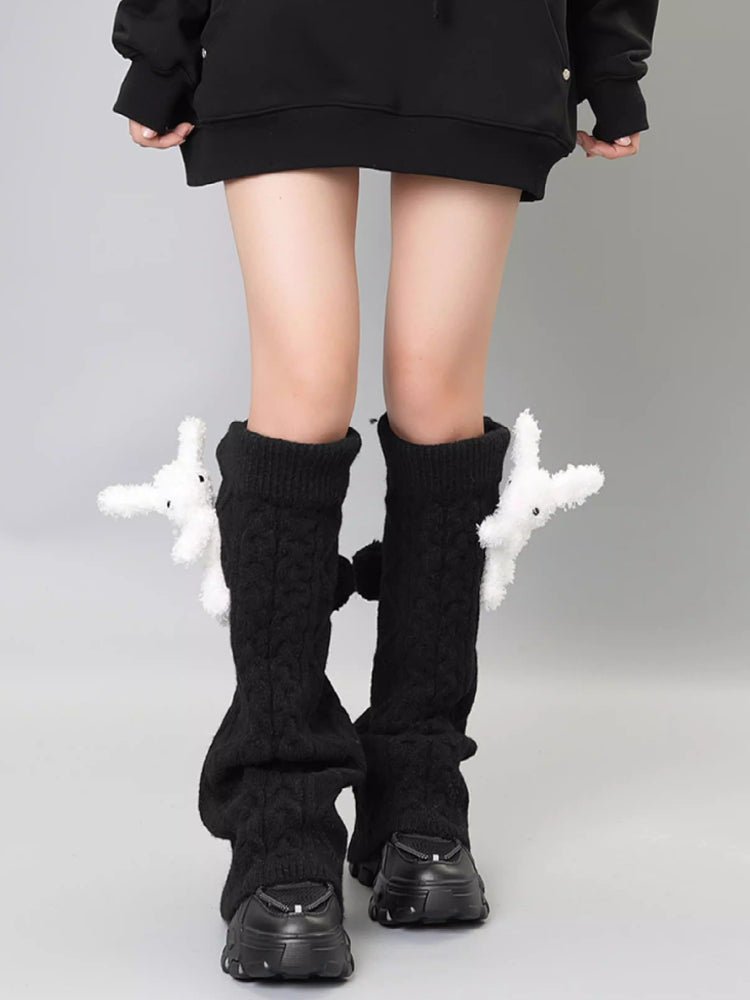 Black Wool Blend Cable Knit Leg Warmers with 3D Teddy Bear - TEVQA
