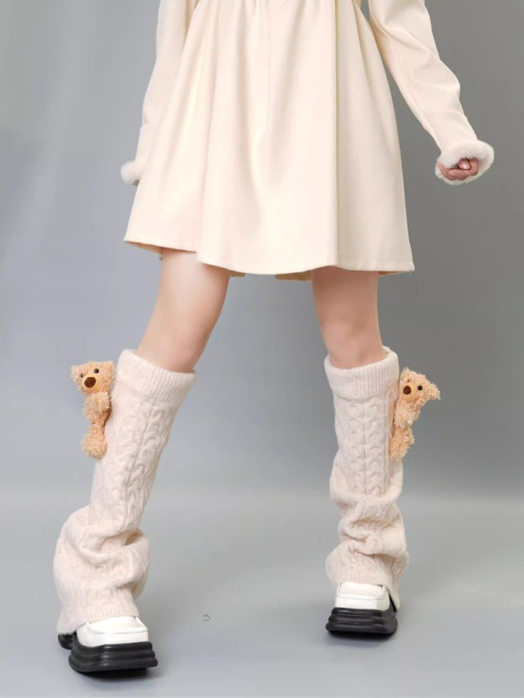Black Wool Blend Cable Knit Leg Warmers with 3D Teddy Bear - TEVQA