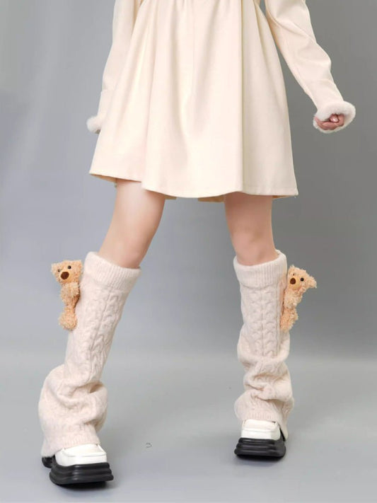 Black Wool Blend Cable Knit Leg Warmers with 3D Teddy Bear - TEVQA