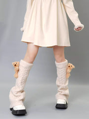 Black Wool Blend Cable Knit Leg Warmers with 3D Teddy Bear - TEVQA