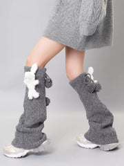 Black Wool Blend Cable Knit Leg Warmers with 3D Teddy Bear - TEVQA