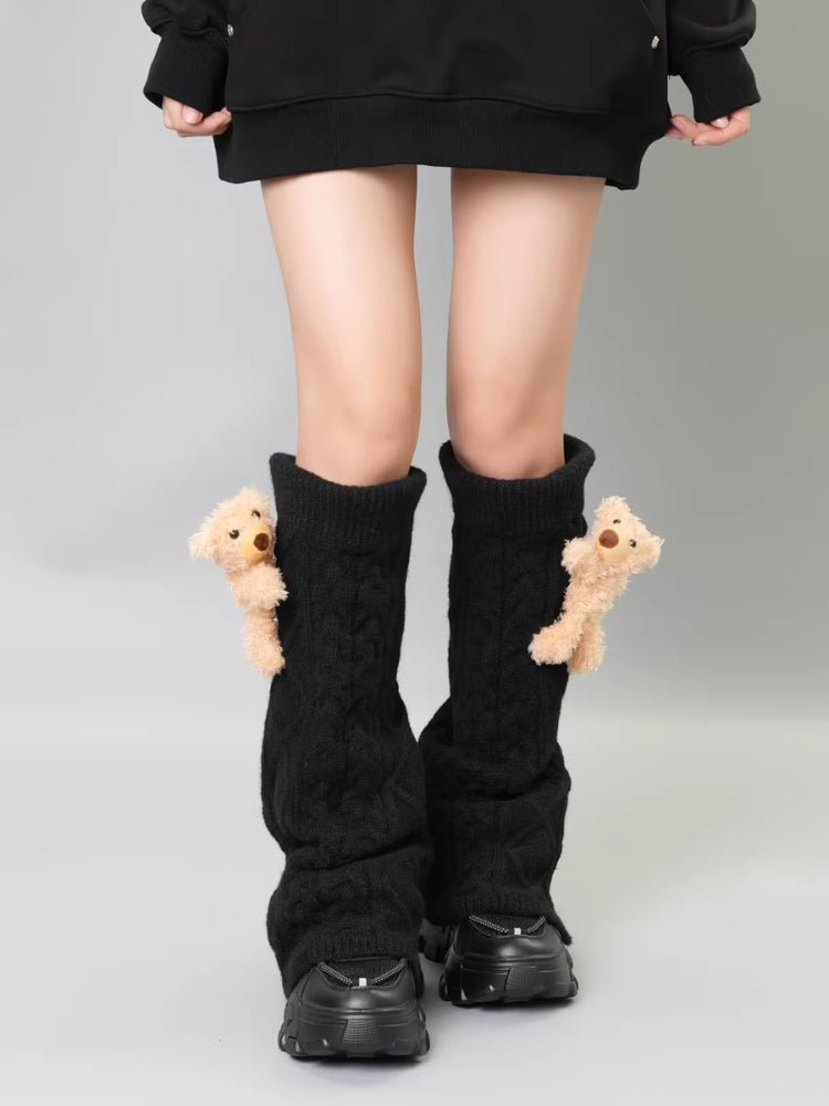 Black Wool Blend Cable Knit Leg Warmers with 3D Teddy Bear - TEVQA