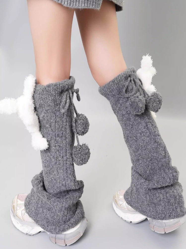 Black Wool Blend Cable Knit Leg Warmers with 3D Teddy Bear - TEVQA