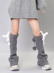 Black Wool Blend Cable Knit Leg Warmers with 3D Teddy Bear - TEVQA