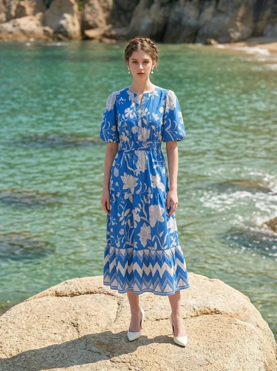 Blue Floral Puff Sleeve V - Neck Tiered Midi Dress - TEVQA