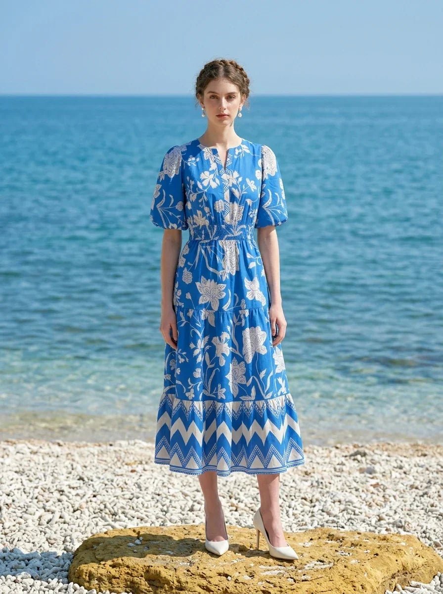 Blue Floral Puff Sleeve V - Neck Tiered Midi Dress - TEVQA