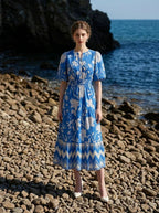 Blue Floral Puff Sleeve V - Neck Tiered Midi Dress - TEVQA