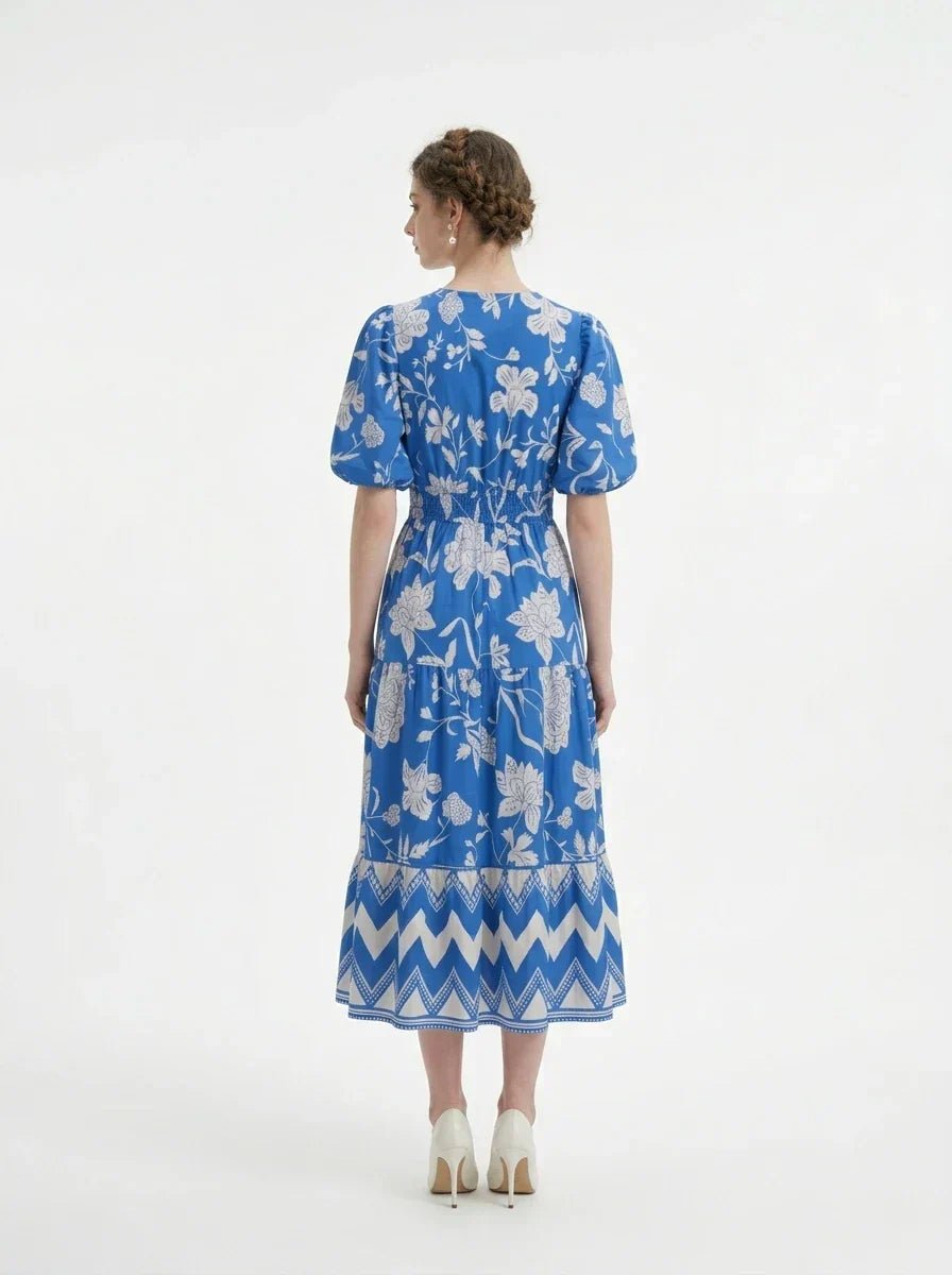 Blue Floral Puff Sleeve V - Neck Tiered Midi Dress - TEVQA