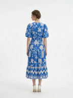Blue Floral Puff Sleeve V - Neck Tiered Midi Dress - TEVQA