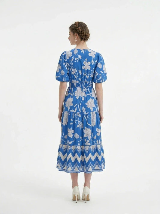 Blue Floral Puff Sleeve V - Neck Tiered Midi Dress - TEVQA