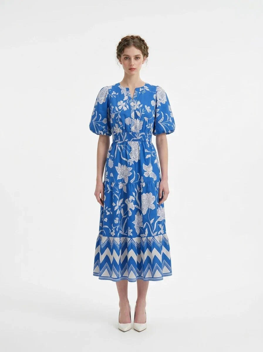Blue Floral Puff Sleeve V - Neck Tiered Midi Dress - TEVQA