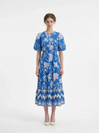 Blue Floral Puff Sleeve V - Neck Tiered Midi Dress - TEVQA