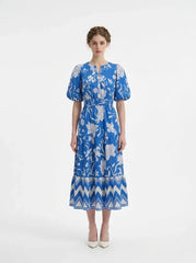 Blue Floral Puff Sleeve V - Neck Tiered Midi Dress - TEVQA