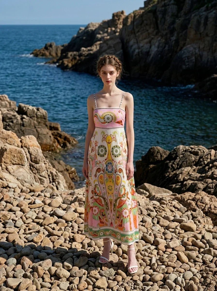 Woman wearing a white maxi dress with a colorful paisley print and pink smocked bodice, standing on a rocky beach with the ocean in the background.