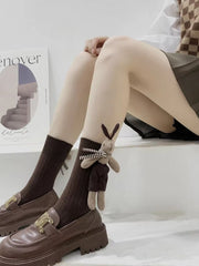 Brown Ribbed Cotton Socks with 3D Rabbit Doll - TEVQA