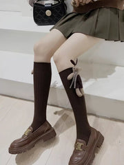 Brown Ribbed Cotton Socks with 3D Rabbit Doll - TEVQA