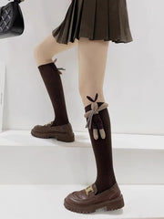 Brown Ribbed Cotton Socks with 3D Rabbit Doll - TEVQA