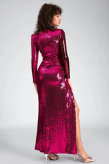 Burgundy Ruched Sequined Maxi Dress - Tevqa