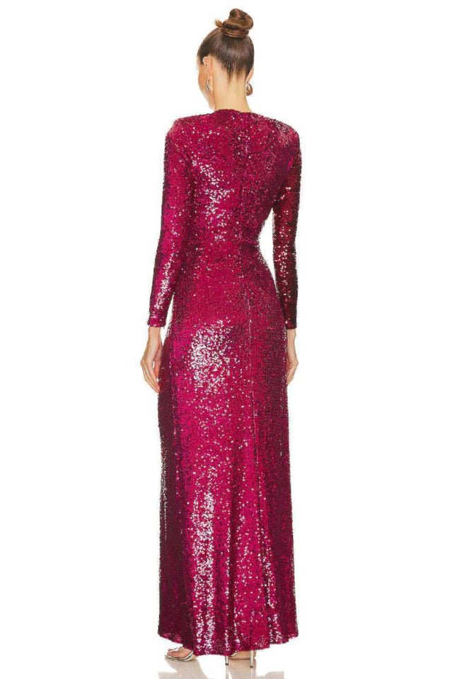 Burgundy Ruched Sequined Maxi Dress - Tevqa