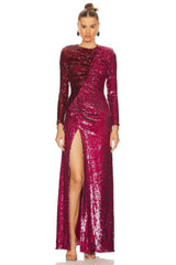 Burgundy Ruched Sequined Maxi Dress - Tevqa