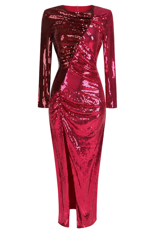 Burgundy Ruched Sequined Maxi Dress - Tevqa