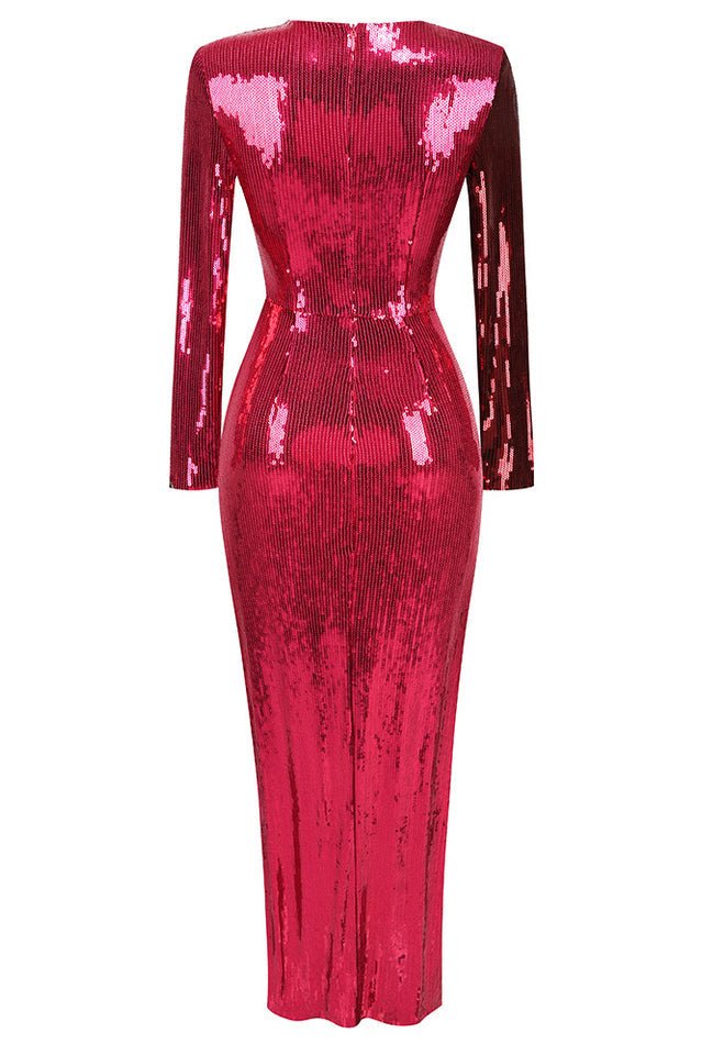 Burgundy Ruched Sequined Maxi Dress - Tevqa