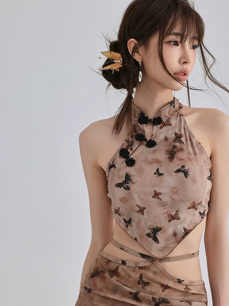 Close-up of the butterfly print halter top with Chinese knot buttons