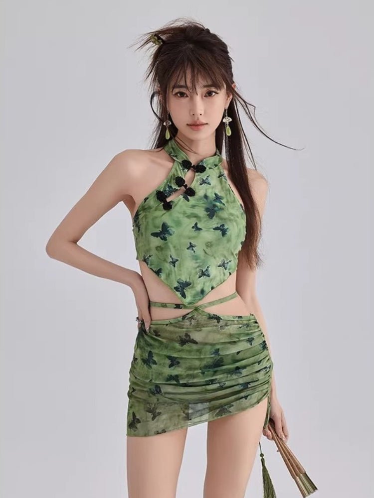 Butterfly Print Halter Swimsuit Set - View 7 | TEVQA