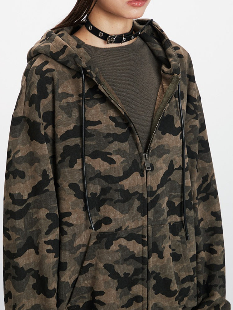Y2K Vintage Aesthetic Camo Zip-Up Hoodie