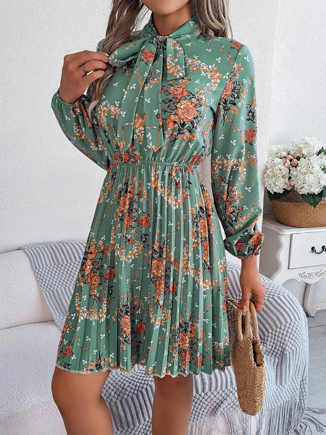 Vintage Pink Floral Pleated Dress - TEVQA