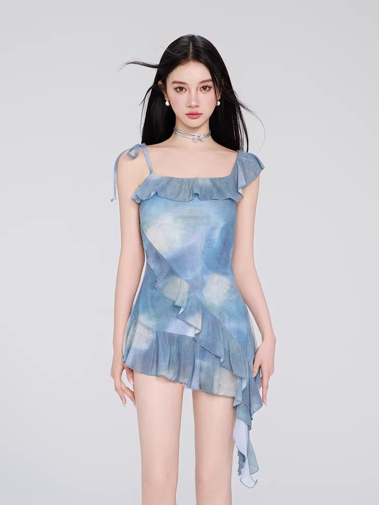 Blue Tie-Dye Asymmetrical Ruffle Swimsuit