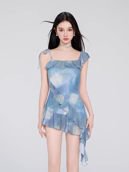 Blue Tie-Dye Asymmetrical Ruffle Swimsuit