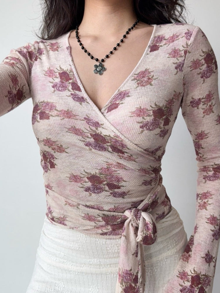 Vintage Floral Wrap Long Sleeve Top Pink