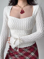 White Textured Square Neck Long Sleeve Flare Top