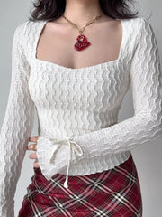 White Textured Square Neck Long Sleeve Flare Top