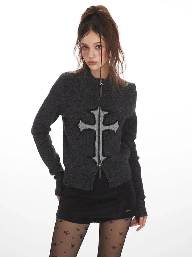 Y2K Grunge Cross Zip Up Knit Cardigan - TEVQA