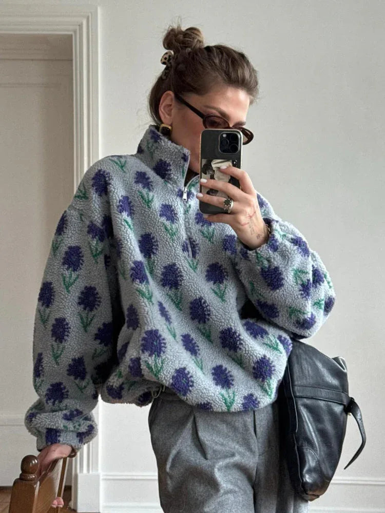 Vintage Floral Sherpa Half-Zip Pullover - TEVQA