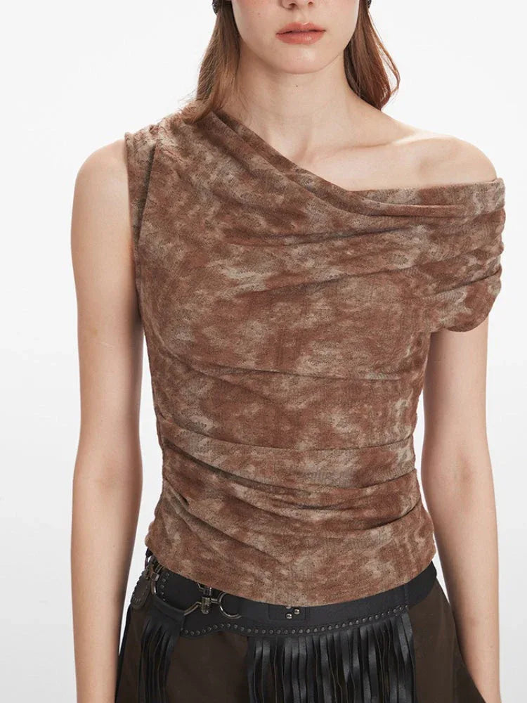 Y2K Acid Wash Draped Cowl Neck Top - TEVQA