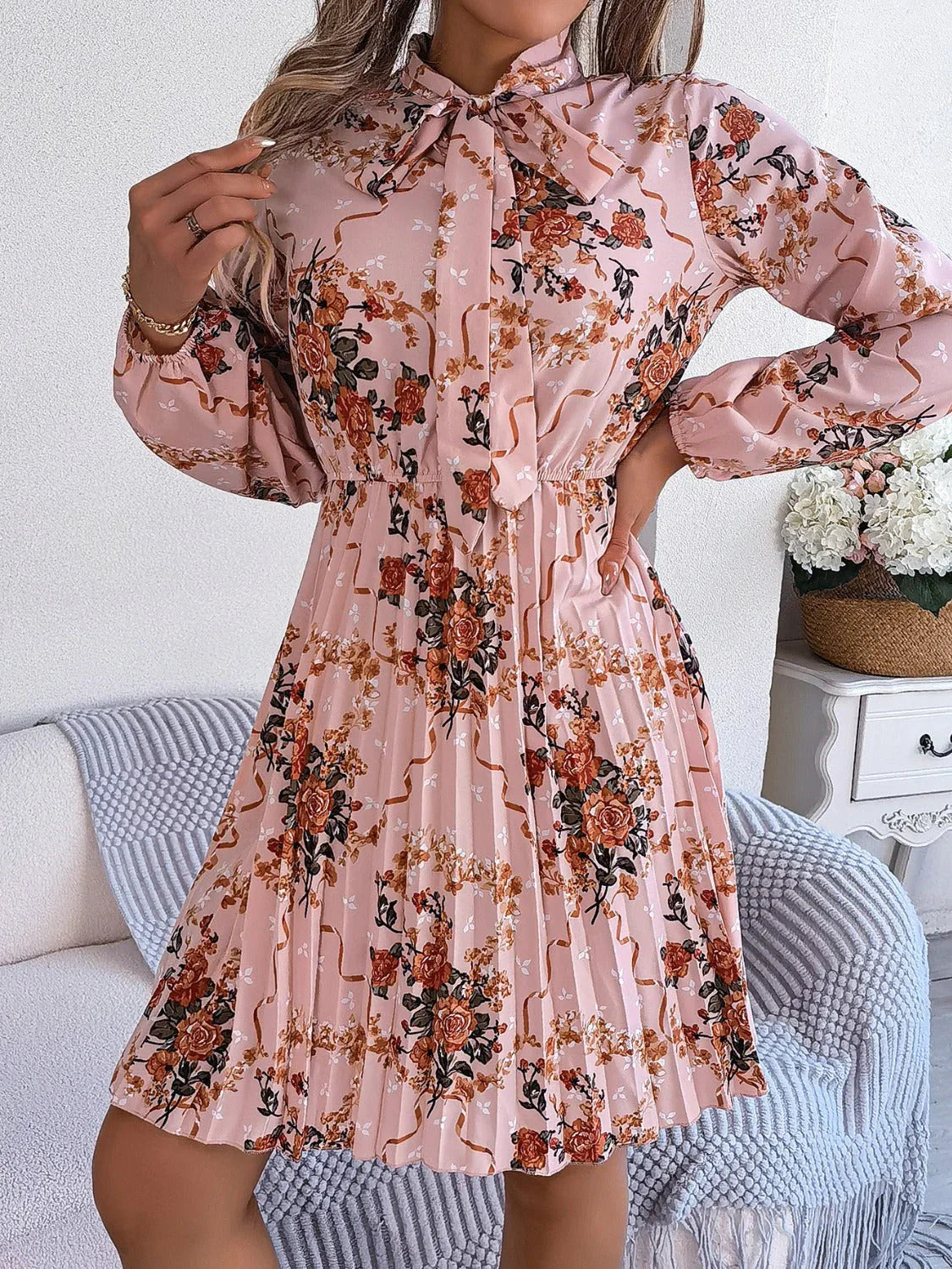Vintage Pink Floral Pleated Dress - TEVQA
