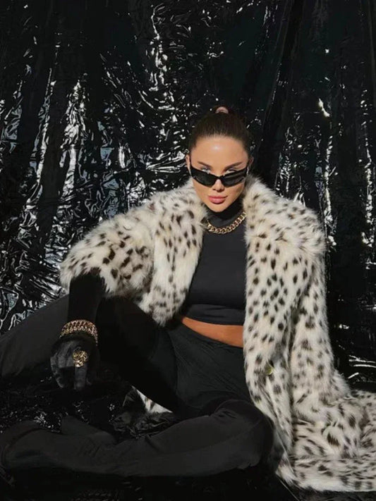 Aspen Chic Snow Leopard Faux Fox Fur Long Coat - TEVQA