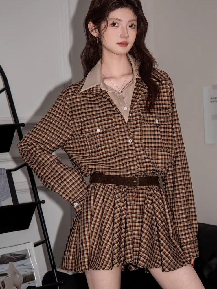 Vintage Plaid Button Down Shirt Dress with Pockets Brown
