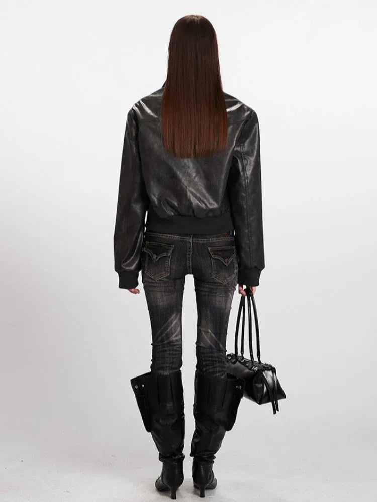 Vintage Wash Faux Leather Bomber Jacket - TEVQA