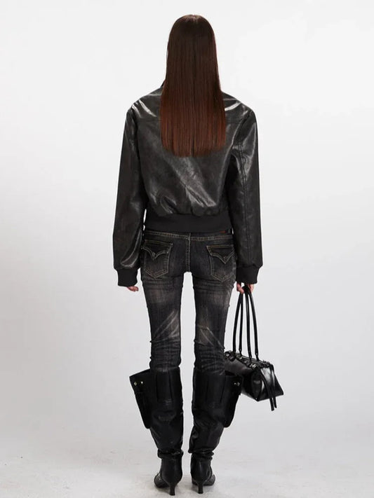 Vintage Wash Faux Leather Bomber Jacket - TEVQA