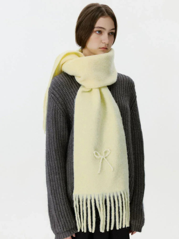Wool Blend Pearl Bow Scarf - TEVQA
