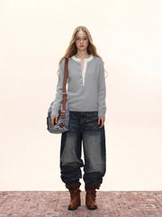 Contrast Trim Button Front Loose Knit Sweater