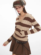 Y2K Brown Striped Hooded Cable Knit Sweater - TEVQA