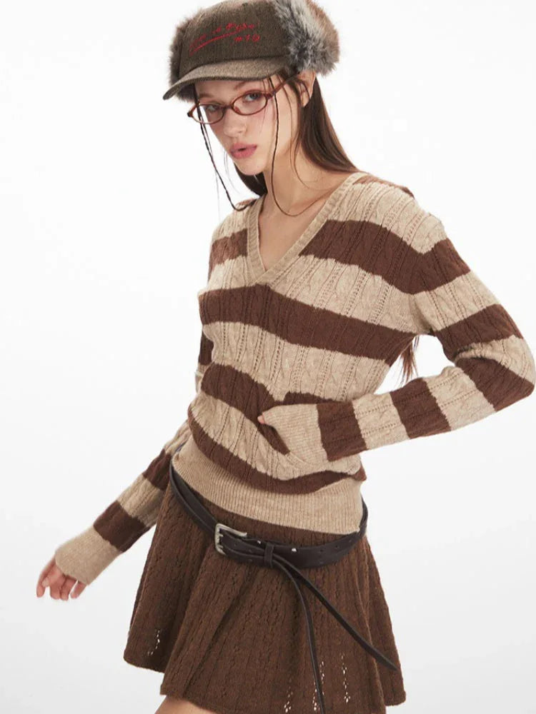 Y2K Brown Striped Hooded Cable Knit Sweater - TEVQA