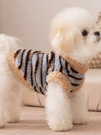 Side view of a white bichon frise dog wearing a blue and brown striped fleece vest with sherpa trim