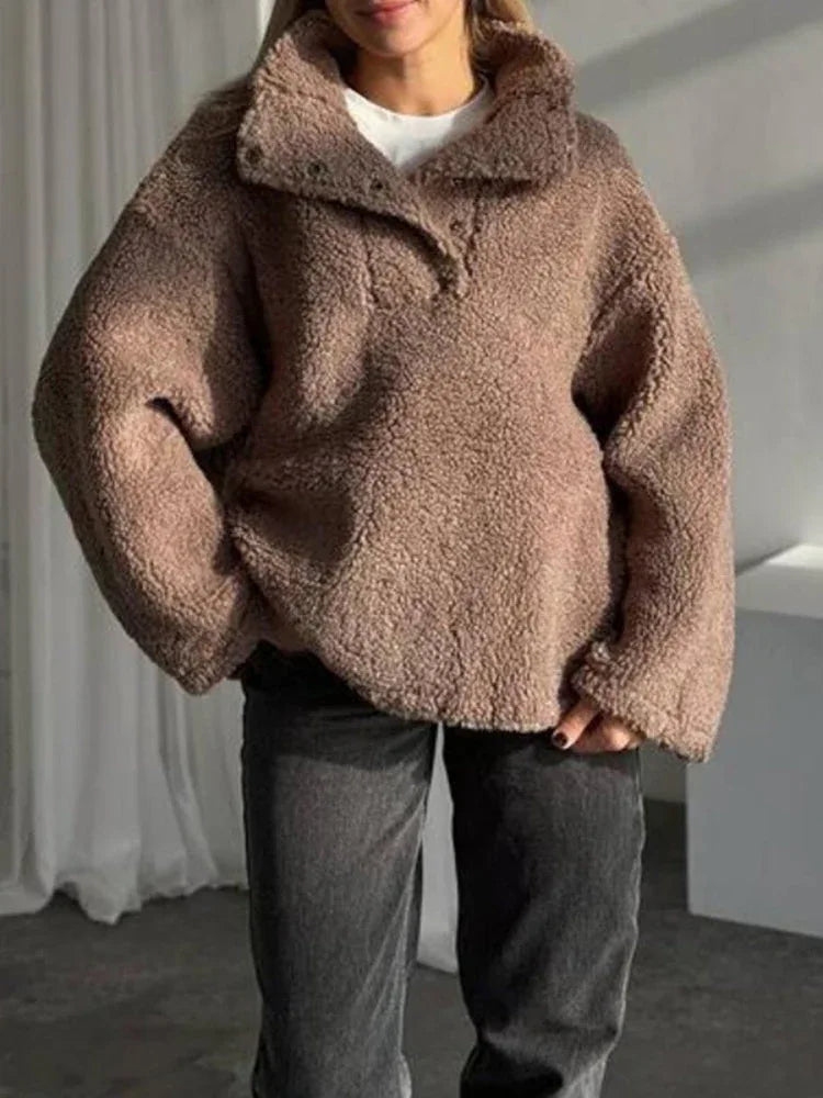 Oversized Sherpa Quarter-Button Pullover - TEVQA